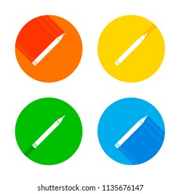 Pencil icon. Flat white icon on colored circles background. Four different long shadows in each corners
