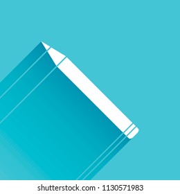 Pencil icon. Gray icon with long shadow in bottom left corner on blue background