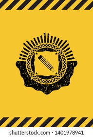 pencil icon grunge black emblem with yellow background, warning sign. Vector Illustration. Detailed.