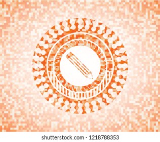 pencil icon inside abstract emblem, orange mosaic background