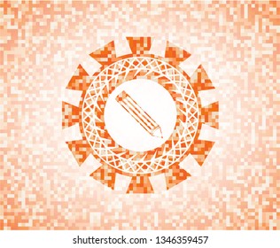 pencil icon inside abstract emblem, orange mosaic background