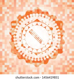 pencil icon inside abstract emblem, orange mosaic background
