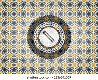 pencil icon inside arabesque badge. arabic decoration.