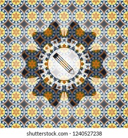 pencil icon inside arabesque emblem background. arabic decoration.