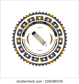 pencil icon inside arabic badge background. Arabesque decoration.