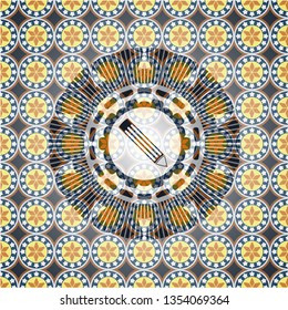 pencil icon inside arabic style emblem. Arabesque decoration.