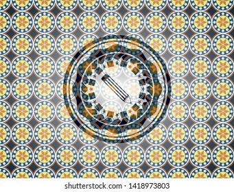 pencil icon inside arabic style badge. Arabesque decoration.