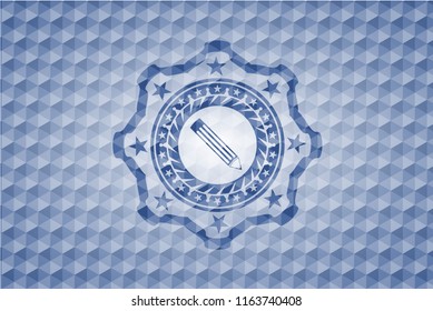 pencil icon inside blue badge with geometric pattern.