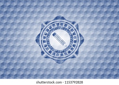 pencil icon inside blue emblem or badge with abstract geometric polygonal pattern background.