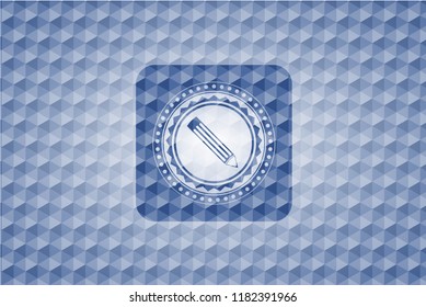 pencil icon inside blue emblem or badge with abstract geometric polygonal pattern background.