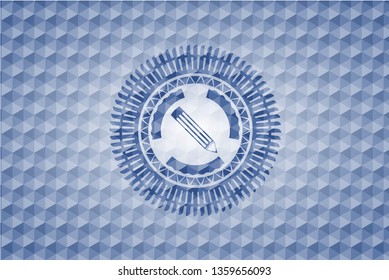 pencil icon inside blue emblem with geometric pattern.