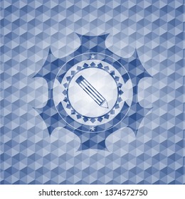 pencil icon inside blue emblem or badge with abstract geometric pattern background.