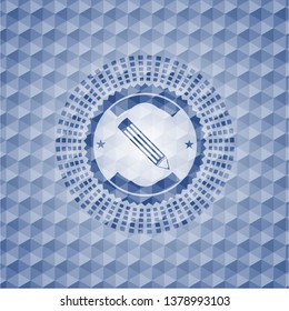 pencil icon inside blue emblem with geometric background.
