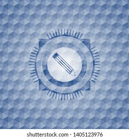 pencil icon inside blue emblem with geometric background.