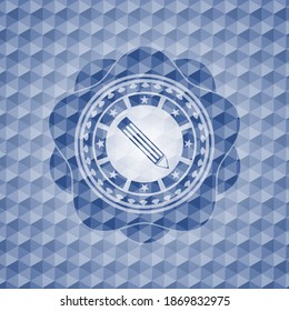 pencil icon inside blue emblem or badge with geometric pattern background. 