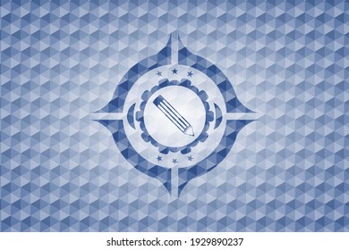 pencil icon inside blue polygonal emblem. 