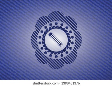 pencil icon inside emblem with denim texture