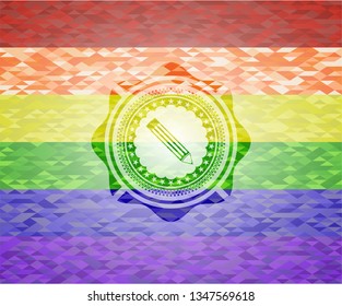 pencil icon inside emblem on mosaic background with the colors of the LGBT flag