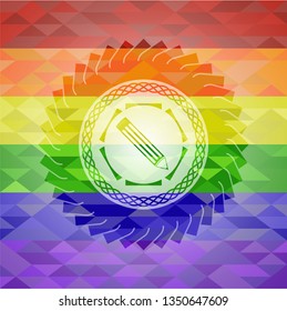 pencil icon inside emblem on mosaic background with the colors of the LGBT flag
