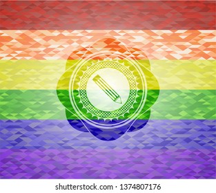 pencil icon inside emblem on mosaic background with the colors of the LGBT flag