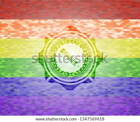 pencil icon inside emblem on mosaic background with the colors of the LGBT flag
