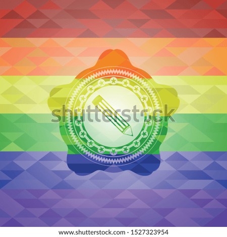 pencil icon inside emblem on mosaic background with the colors of the LGBT flag