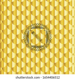 pencil icon inside gold emblem or badge. Scales pattern. Vector Illustration. Detailed.