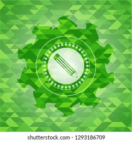 pencil icon inside green emblem. Mosaic background
