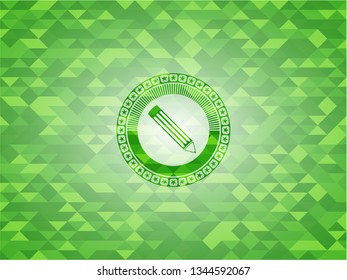pencil icon inside green emblem with triangle mosaic background