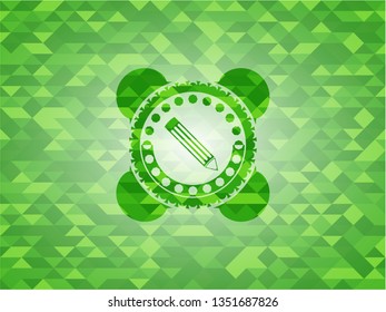 pencil icon inside green emblem. Mosaic background