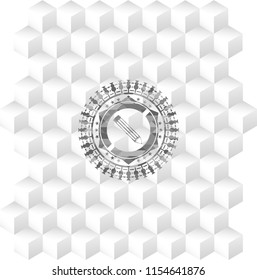pencil icon inside grey badge with geometric cube white background