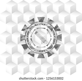 pencil icon inside grey badge with geometric cube white background