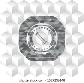 pencil icon inside grey badge with geometric cube white background