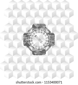 pencil icon inside grey emblem. Vintage with geometric cube white background