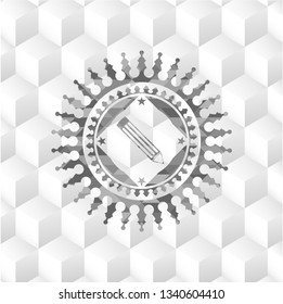 pencil icon inside grey emblem. Retro with geometric cube white background