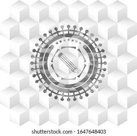 pencil icon inside grey emblem. Vintage with geometric cube white background