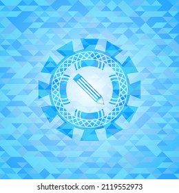 pencil icon inside light blue emblem. Mosaic background. 