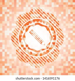 pencil icon inside orange mosaic emblem with background