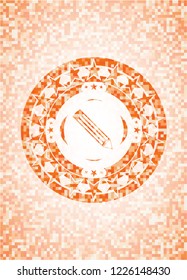 pencil icon inside orange tile background illustration. Square geometric mosaic seamless pattern with emblem inside.