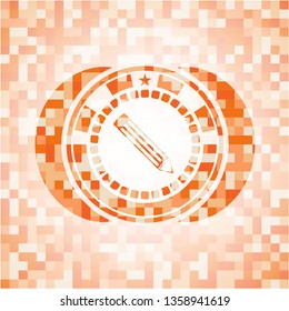 pencil icon inside orange tile background illustration. Square geometric mosaic seamless pattern with emblem inside.