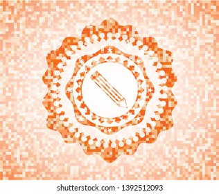 pencil icon inside orange tile background illustration. Square geometric mosaic seamless pattern with emblem inside.