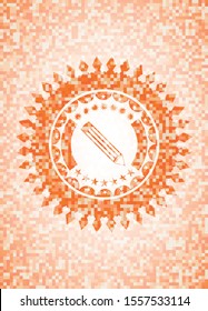 pencil icon inside orange tile background illustration. Square geometric mosaic seamless pattern with emblem inside.