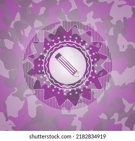 pencil icon inside pink and purple camo emblem. 