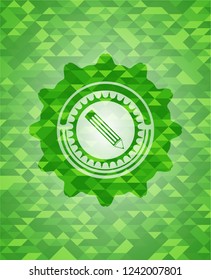 pencil icon inside realistic green emblem. Mosaic background