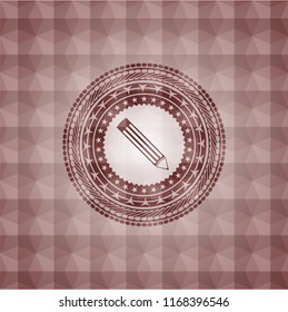 pencil icon inside red emblem with geometric pattern background. Seamless.