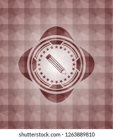pencil icon inside red emblem with geometric pattern background. Seamless.