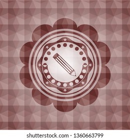 pencil icon inside red emblem or badge with abstract geometric pattern background. Seamless.