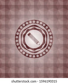pencil icon inside red emblem or badge with abstract geometric polygonal pattern background. Seamless.