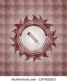 pencil icon inside red seamless emblem or badge with geometric pattern background.