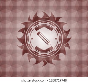 pencil icon inside red seamless emblem with geometric pattern background.